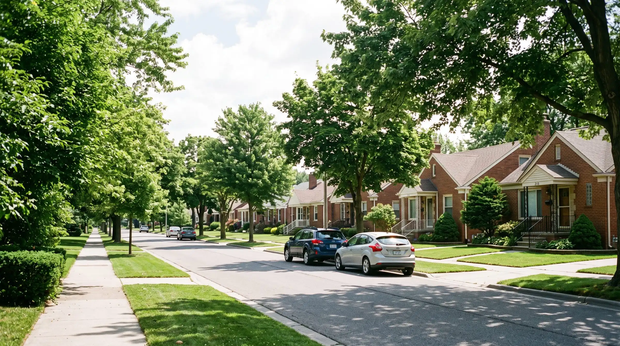 Tree-lined Metro Detroit street of brick bungalows on a summer morning